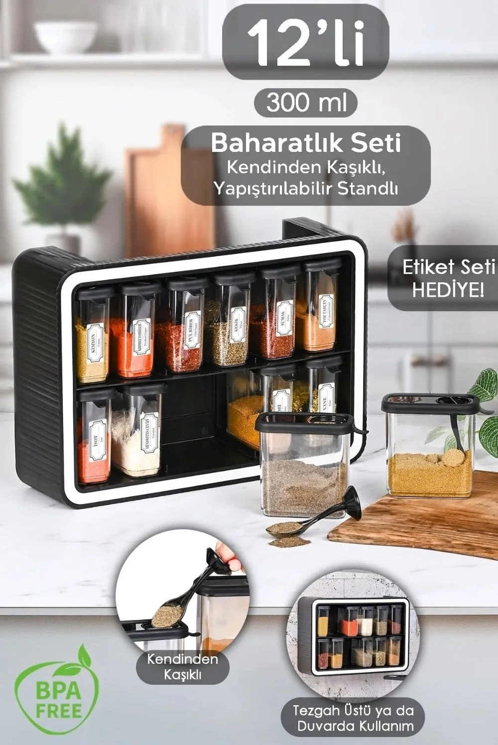 Olinman 12’li Kendinden Kaşıklı Baharatlık Seti – 300 ml – Duvara Yapışan Standlı görsel 4