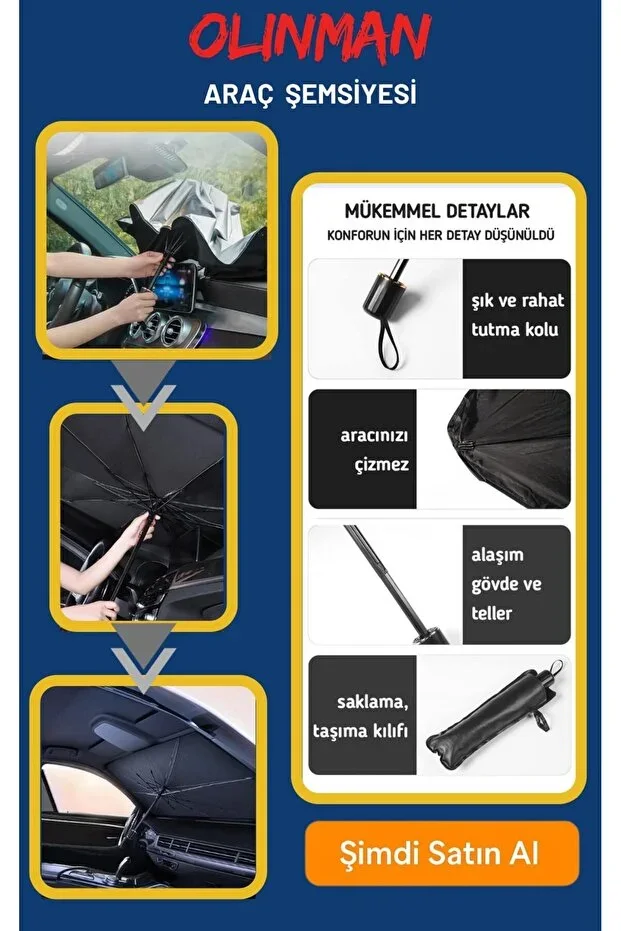 Olinman Katlanabilir Şemsiye Şekilli Araç Ön Cam Güneşliği görsel 5